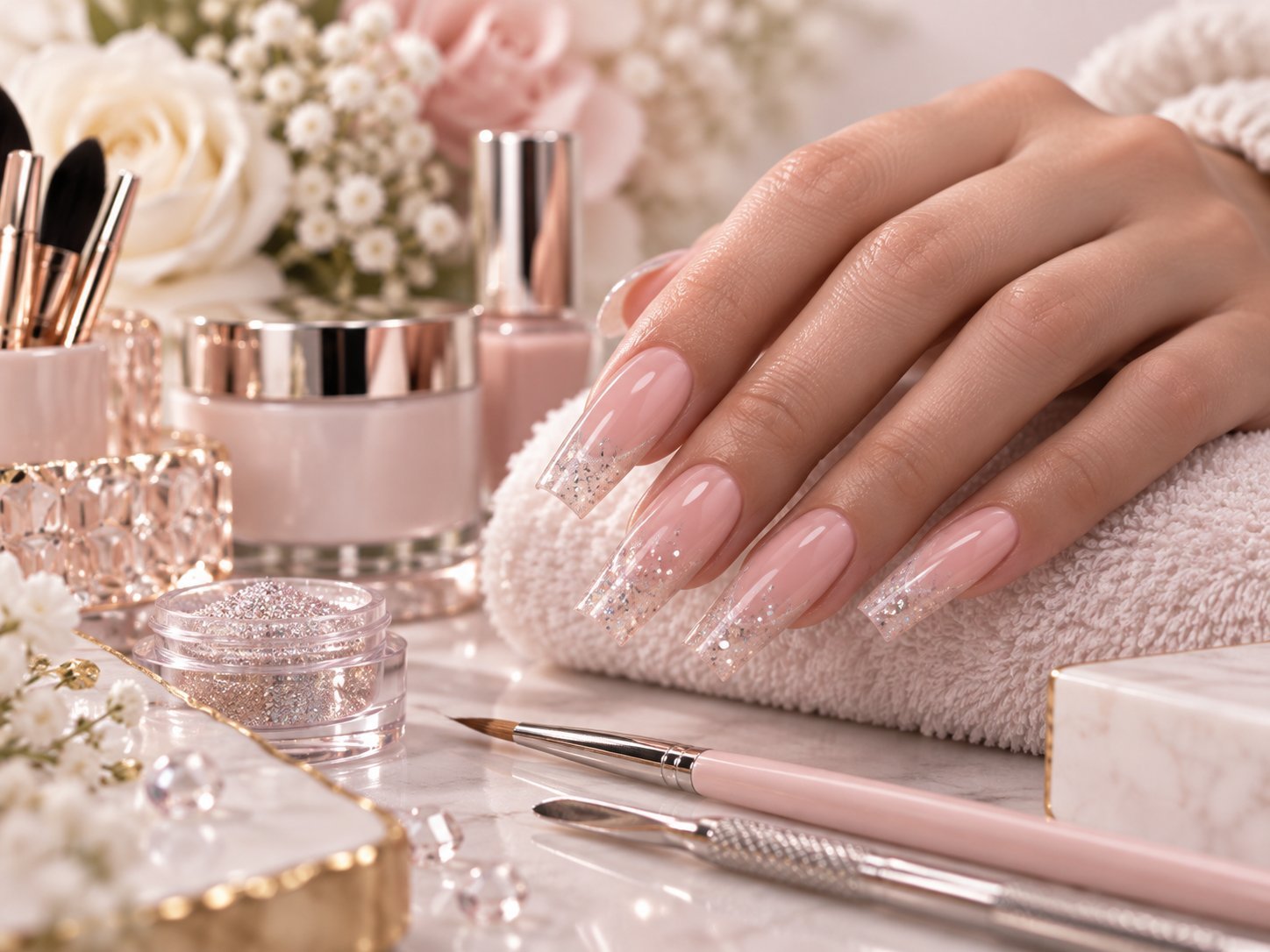 Mano de mujer mostrando manicura brillante de color rosa con herramientas de arte de uñas, cosméticos y flores en un tocador elegante