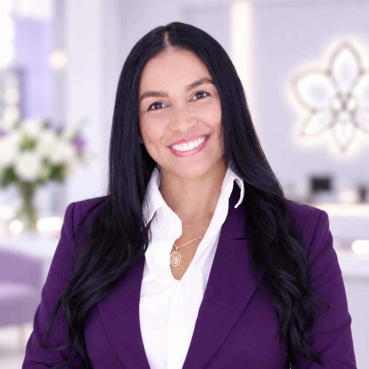 Sarahit Ferrer, profesional con cabello negro largo usando blazer morado y blusa blanca, sonriendo a la cámara en un entorno moderno