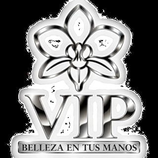 VIP logo with stylized orchid flower and silver metallic design featuring Spanish tagline Belleza en Tus Manos