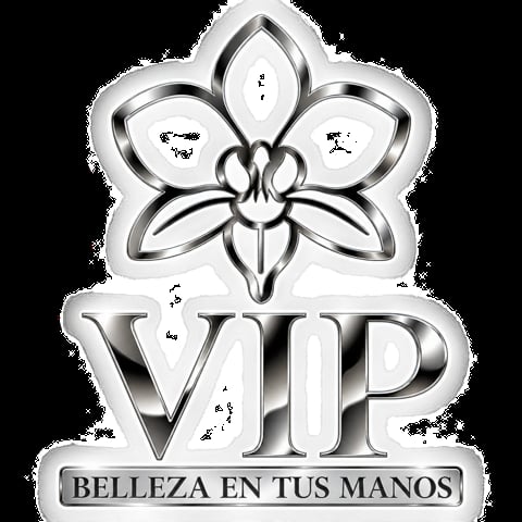 VIP logo with stylized orchid flower and silver metallic design featuring Spanish tagline Belleza en Tus Manos